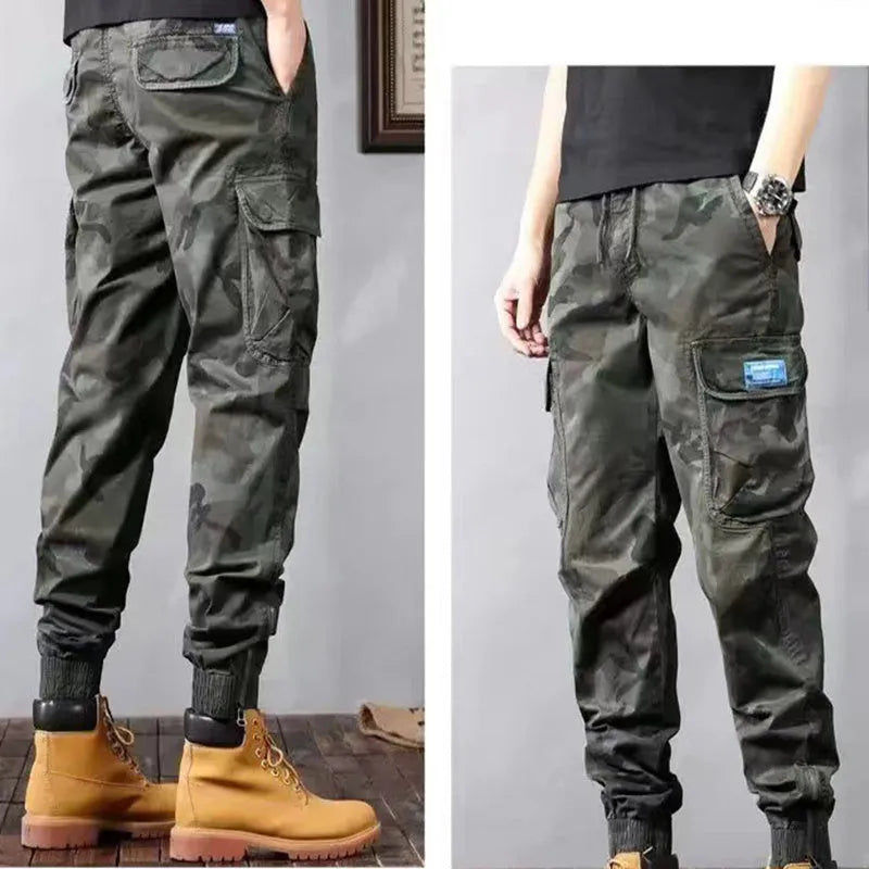 Men's camouflage cargo pants in Army Green, loose tapered fit with pockets, polyester cotton.