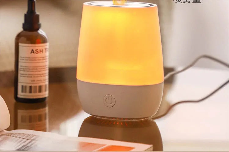 White USB aromatherapy diffuser with simulation flame effect showing water tank and Type-C port