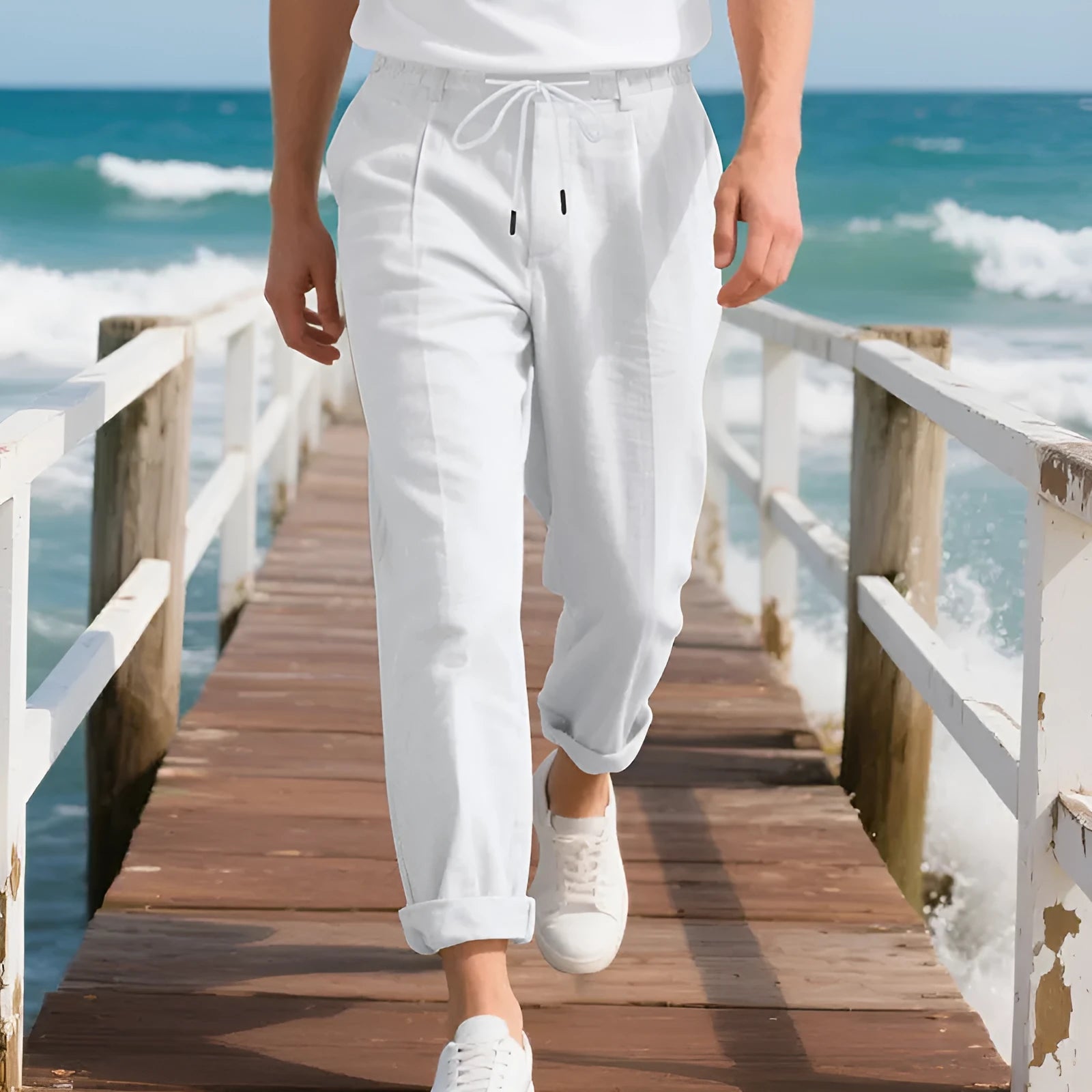 Men's straight-leg linen trousers in light khaki with a drawstring waistband.