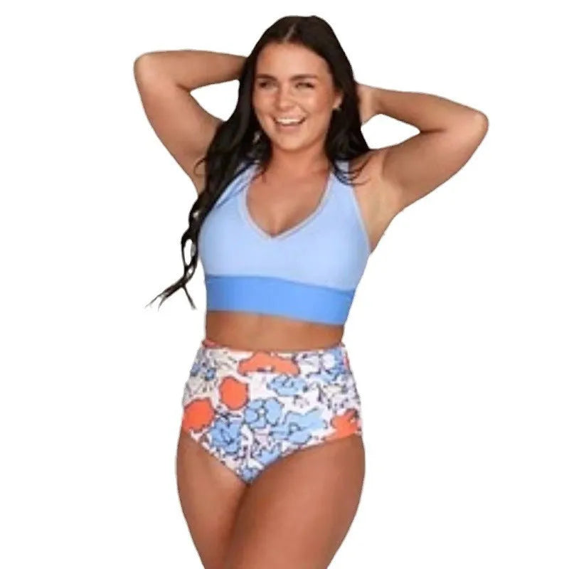 Women's blue polyester conservative vest split swimsuit I-shaped suit sleeveless adult female swimwear