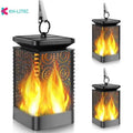 Set of four black solar-powered hanging torch lights with flickering flame LED for outdoor garden use.