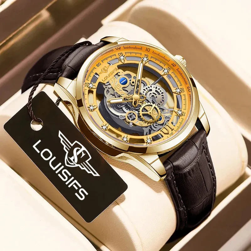Men's Swiss quartz watch with double-sided hollow movement and leather strap