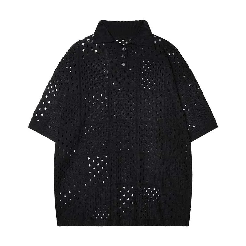Teenager wearing a loose black short-sleeved polo shirt with a hollow knit design.