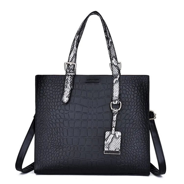 Women's diagonal cross body PU bag, 25x29x10cm stone tote in black with crocodile pattern