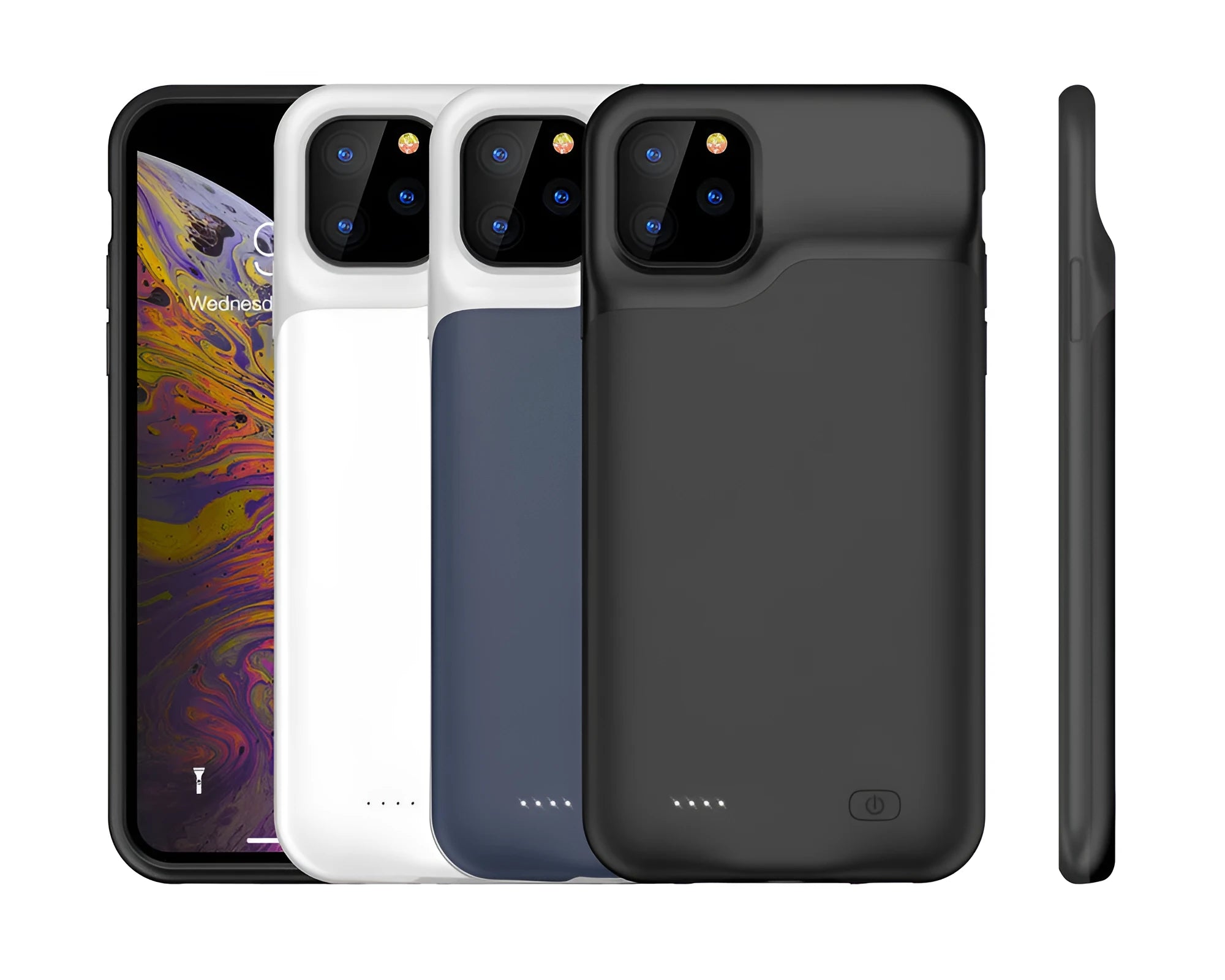 Shockproof silicone iPhone battery charging case in black, blue, pink, or white.