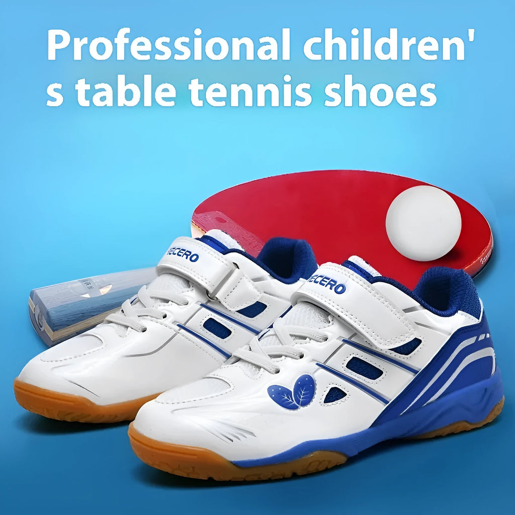 White and blue low-top badminton shoes with a ribbed sole and wedge heel.