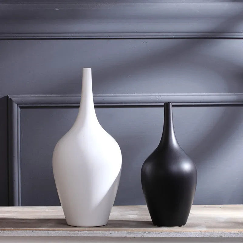 Tall white matte glaze ceramic vase HP160 on desktop with flowers