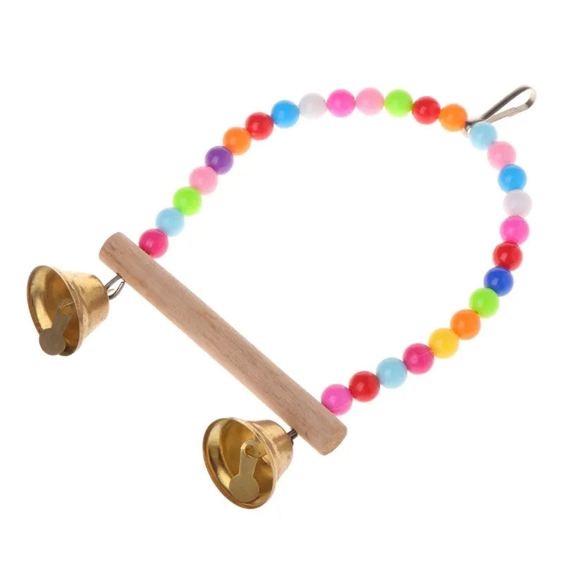 Qianyun small wooden bird swing with coloured beads and two bells, 10cm x 1.4cm x 15cm, hanging cage toy for parrots