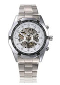 Top brand luxury wristwatch with hollow black dial, 42mm stainless steel case, and brown leather strap on wrist