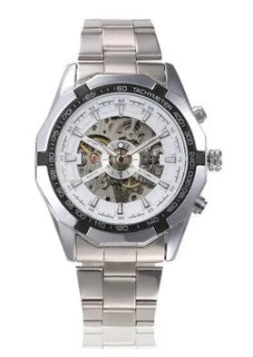Top brand luxury wristwatch with hollow black dial, 42mm stainless steel case, and brown leather strap on wrist