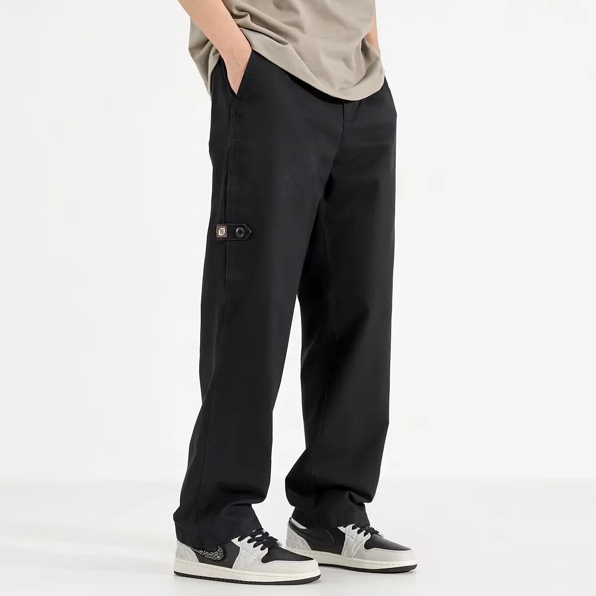 All-match loose wide-leg pants in black drawstring mid-waist style
