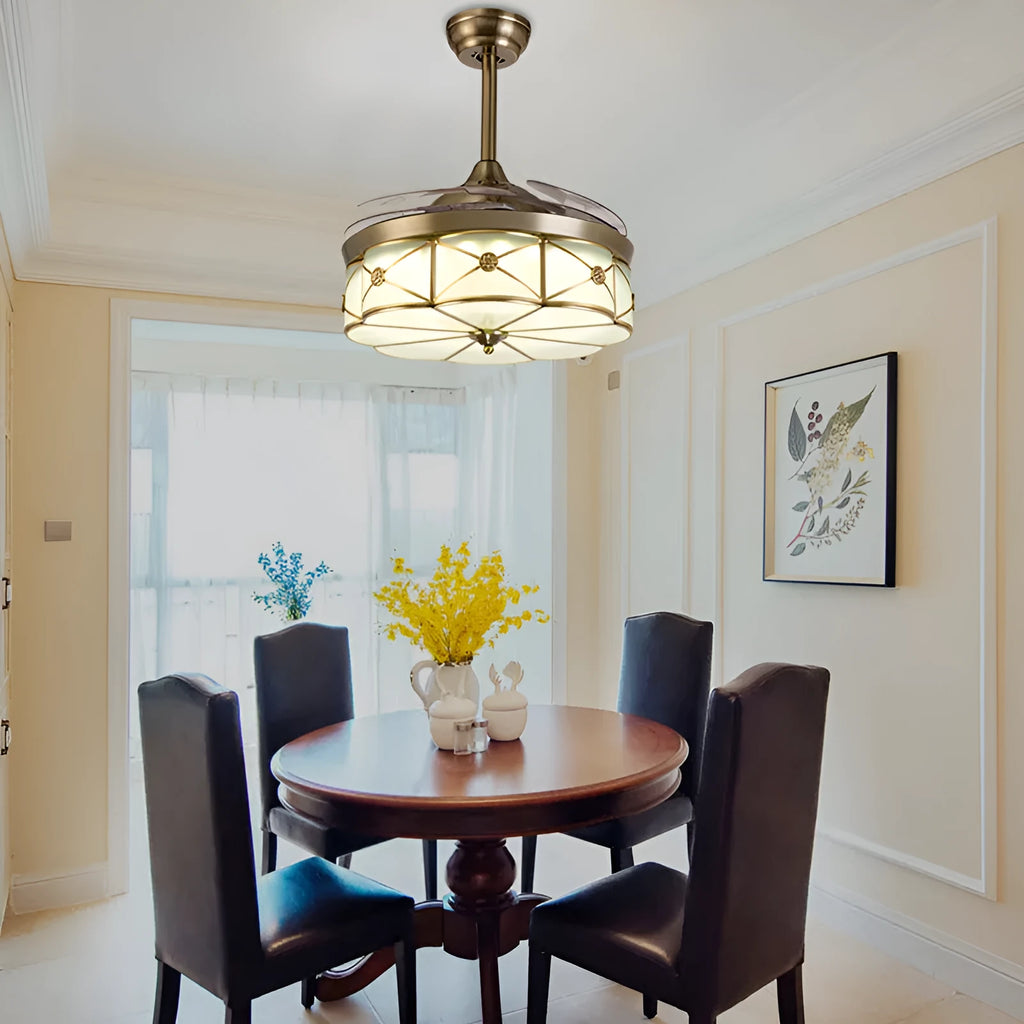 Gold 42-inch ceiling fan light with invisible blades and remote control on a white background