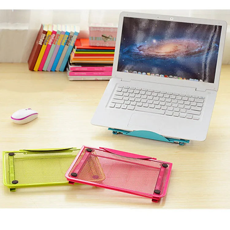 Foldable iron laptop stand, 24.5 x 20 cm, with semi-circular baffle and four non-slip soft pads