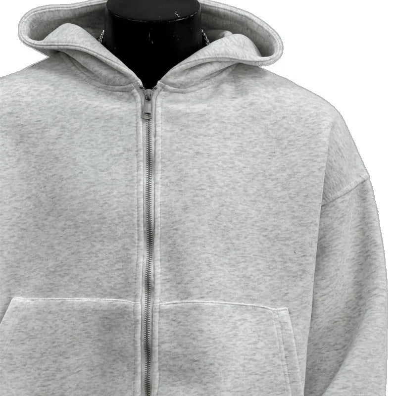 Men's hooded coat with back schoolbag design in light gray or black, polyester cotton blend, Asian sizes M to 4XL