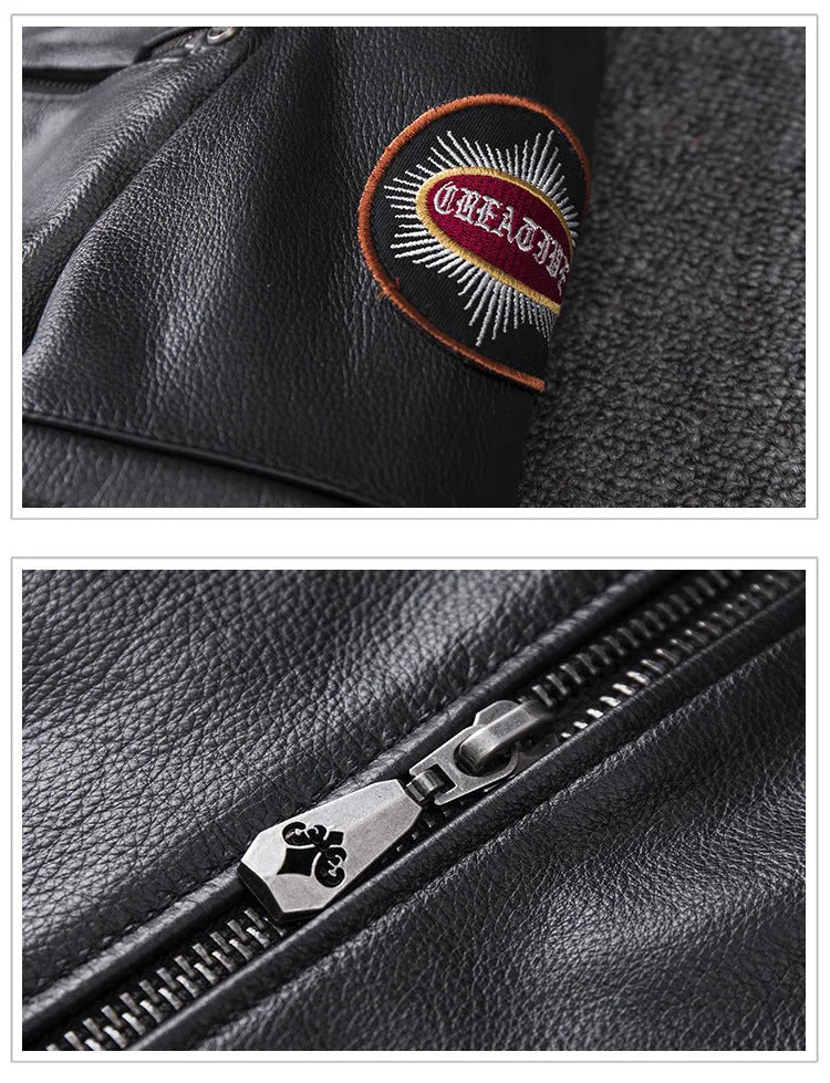 Men's black genuine leather stand collar motorcycle jacket with skull pattern