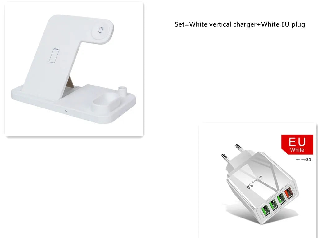 4-in-1 wireless charging dock showing iPhone, Apple Watch, AirPods and Apple Pencil charging simultaneously on adjustable stand.
