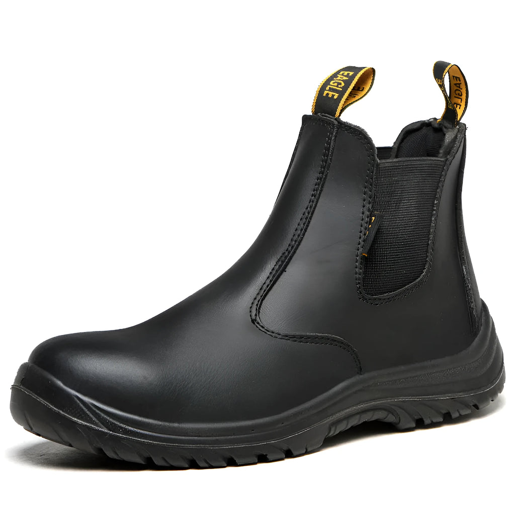 Black leather high-top safety boots with anti-piercing protection shown front and side views