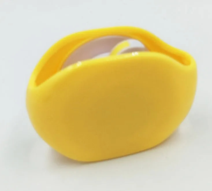Automatic earphone cable winder retractor in blue, showing compact size next to a 3.5mm jack.
