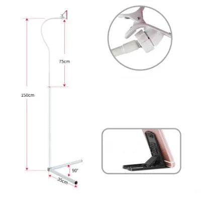 Black and white mobile phone bed bracket and floor stand with universal holder for overhead viewing