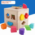 Wooden geometric shape matching building blocks set for infants with colourful pegs and intelligence boxes.