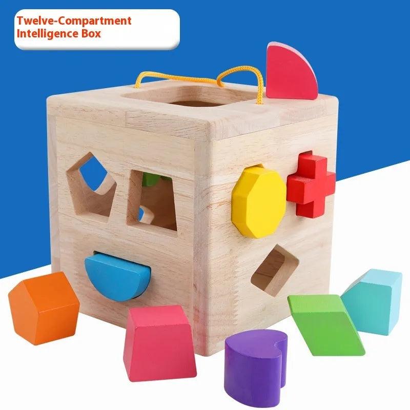 Wooden geometric shape matching building blocks set for infants with colourful pegs and intelligence boxes.