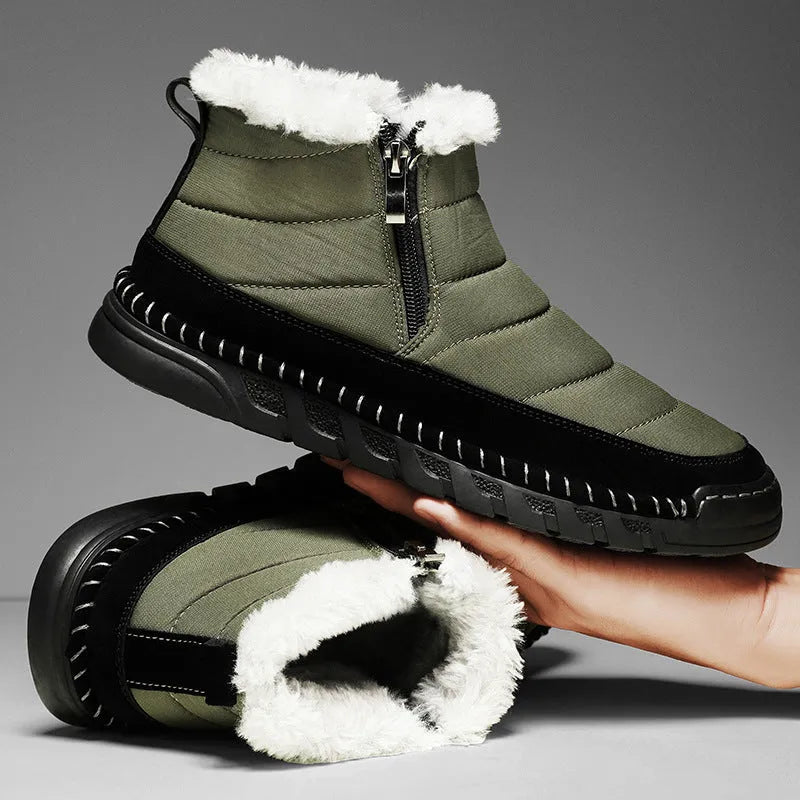 Men's plus size solid colour snow boot with round toe and flat heel on a non-slip rubber sole.