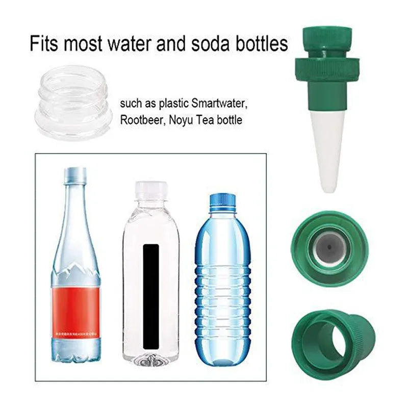Green ceramic plant dripper for attachment to a cola bottle for automatic flower watering.