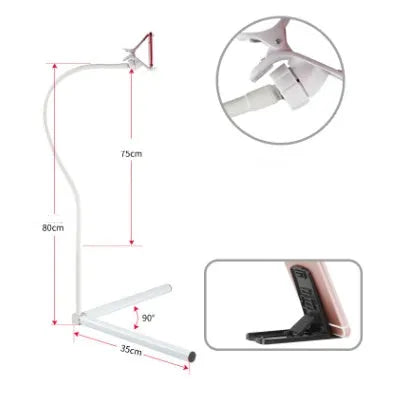 Adjustable bed mobile phone holder with universal clamp in black and white colour options