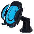 Blue U-shaped suction cup car phone holder with wide clamp arms, mounted on a dashboard holding a mobile phone.
