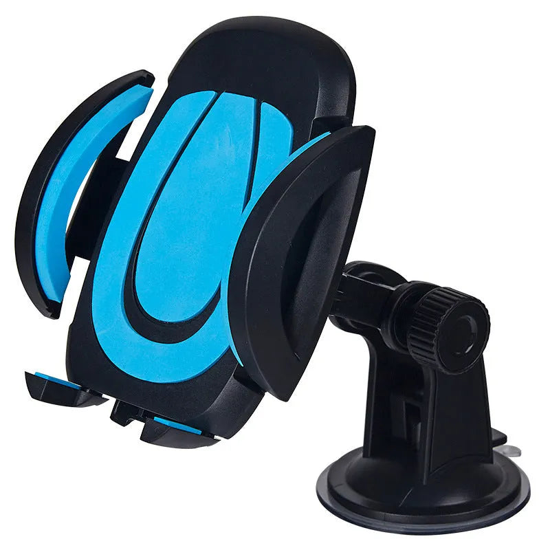 Blue U-shaped suction cup car phone holder with wide clamp arms, mounted on a dashboard holding a mobile phone.