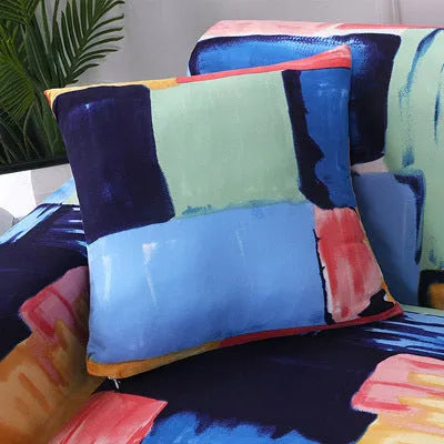 Printed geometric stretch sofa slipcover on double seat sofa in modern simplicity style