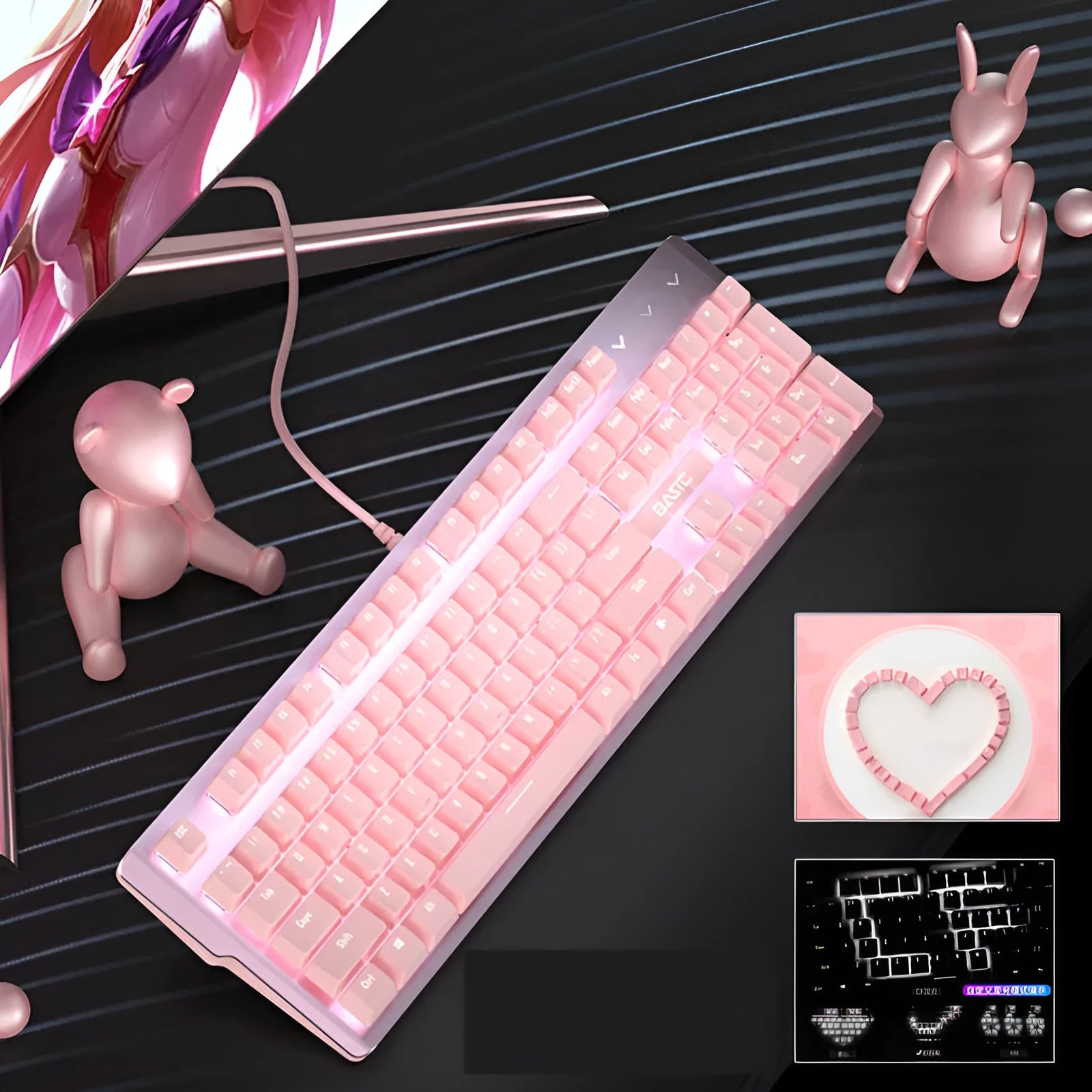 Pink wired mechanical keyboard with 104 keys and USB cable, available with green, black, or red axis switches