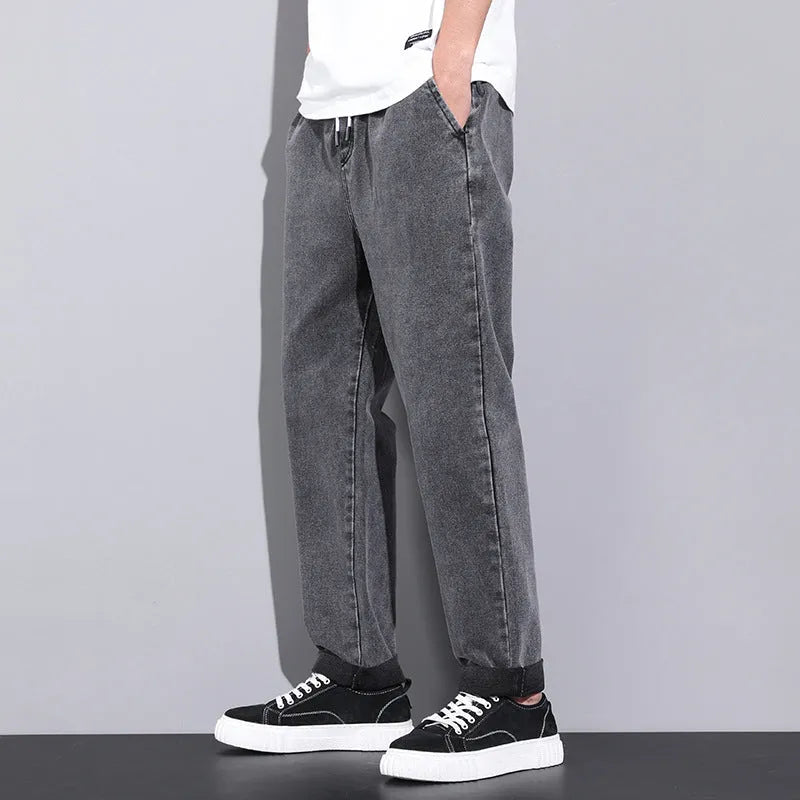 Men's loose wide leg denim trousers with elasticated drawstring waist in multiple colours, straight-leg fit