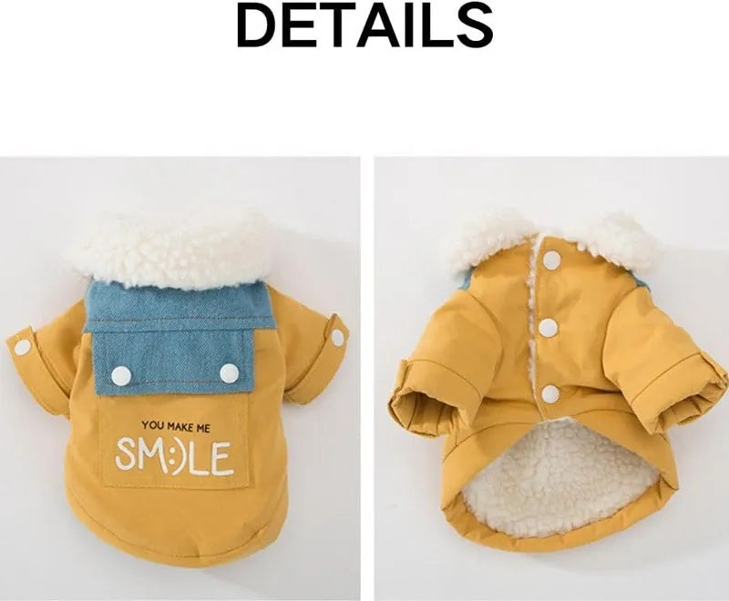 Yellow denim patchwork puppy coat for small to medium dogs with Sherpa fleece lining