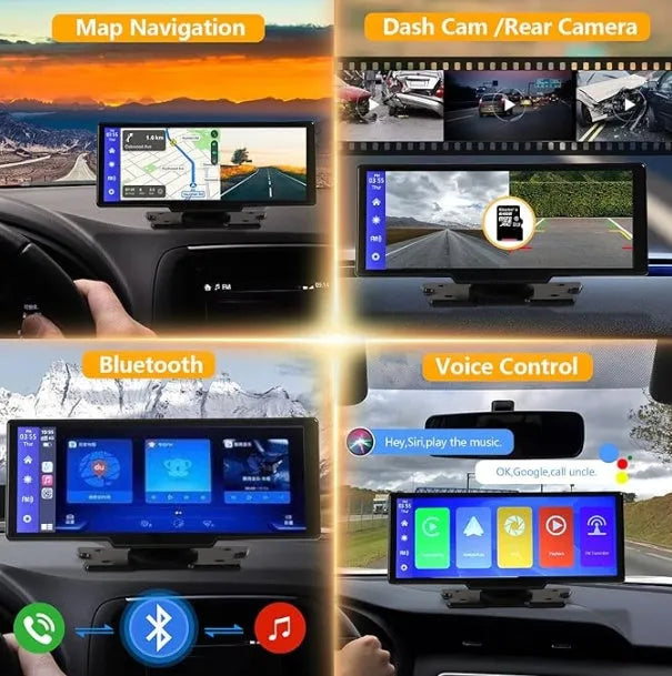 Black portable wireless CarPlay screen with 9.3in Ultra HD touch display, 2.5K front camera and 1080P rear camera