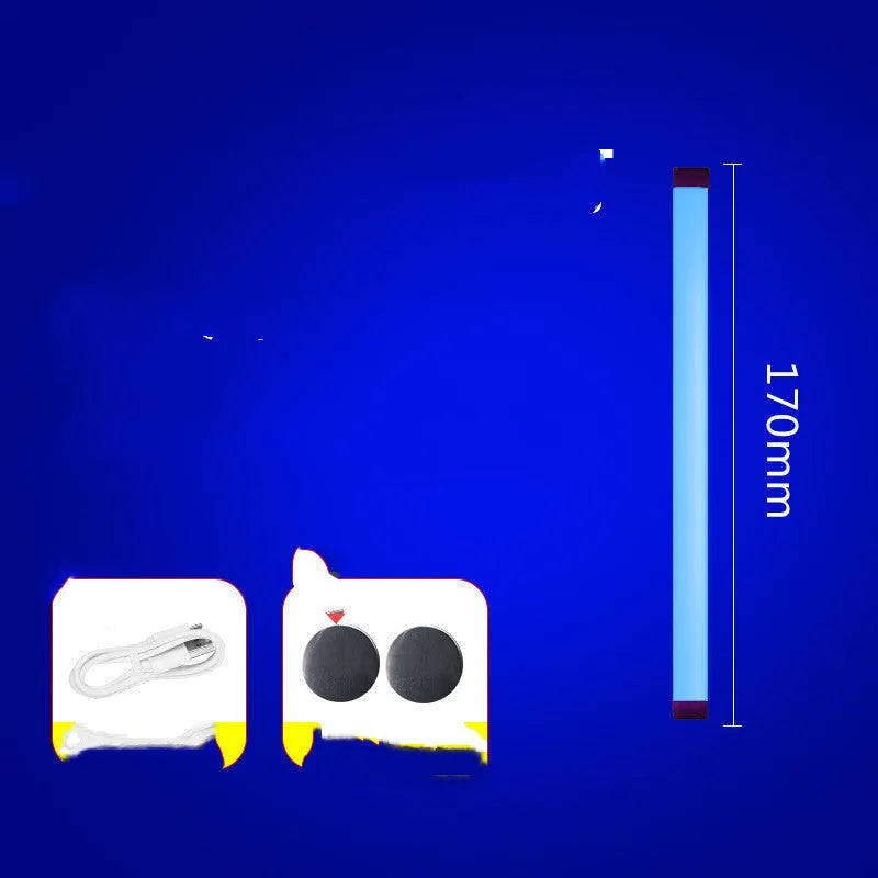 Rechargeable dimmable LED tube light in blue or purple colour showing 17cm, 32cm, and 52cm size options.