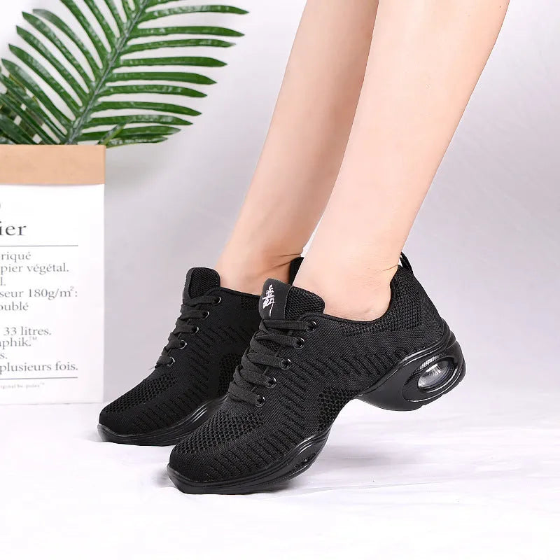 Women's breathable fly woven mesh dancing shoes in various colours with lightweight PU sole.