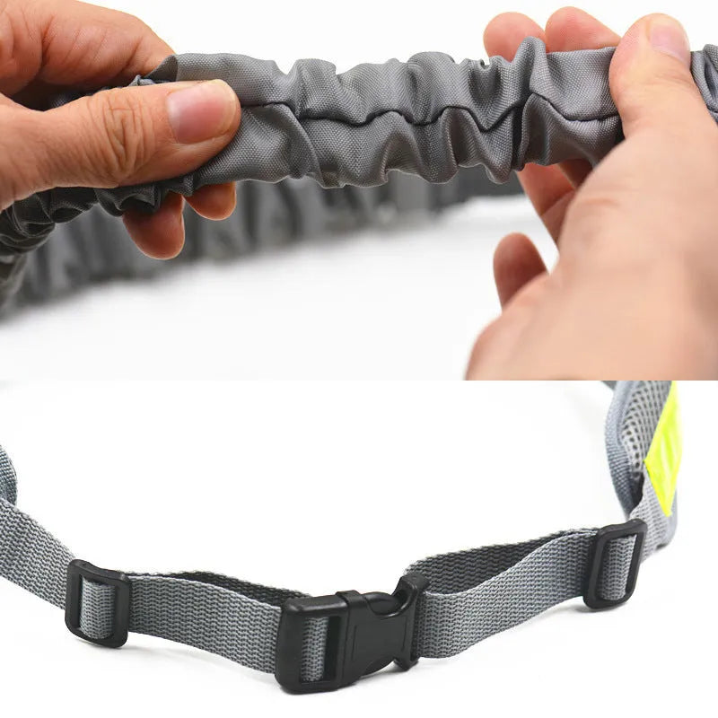 Adjustable hands-free dog leash set with 144cm nylon rope, 78-110cm waist belt, waist bag, and sundries bag