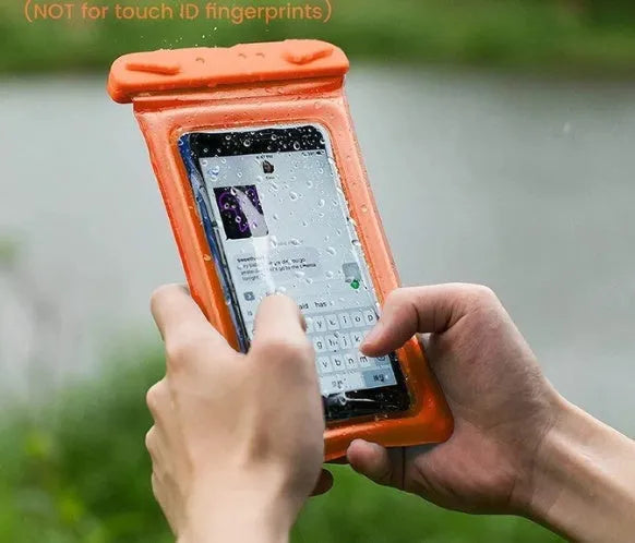 Orange double airbag waterproof phone pouch with black ABS switch and neck rope on a blue background.