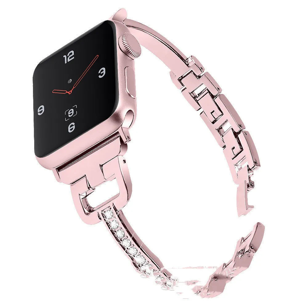 Apple Watch compatible smartwatch with D-shaped metal diamond strap in multiple colour options