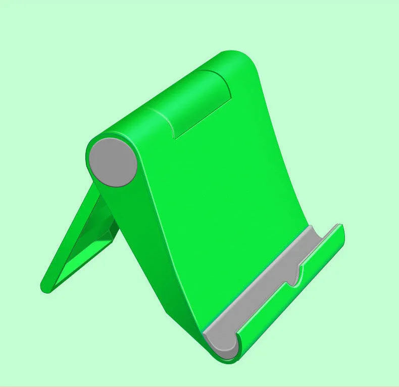 Black PE folding phone and tablet stand with soft rubber backing, shown at an adjustable angle.