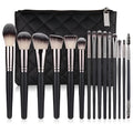 15 piece matte black makeup brush set with cosmetic bag, nylon wool bristles and wooden handles in 23cm, 19cm and 4cm lengths