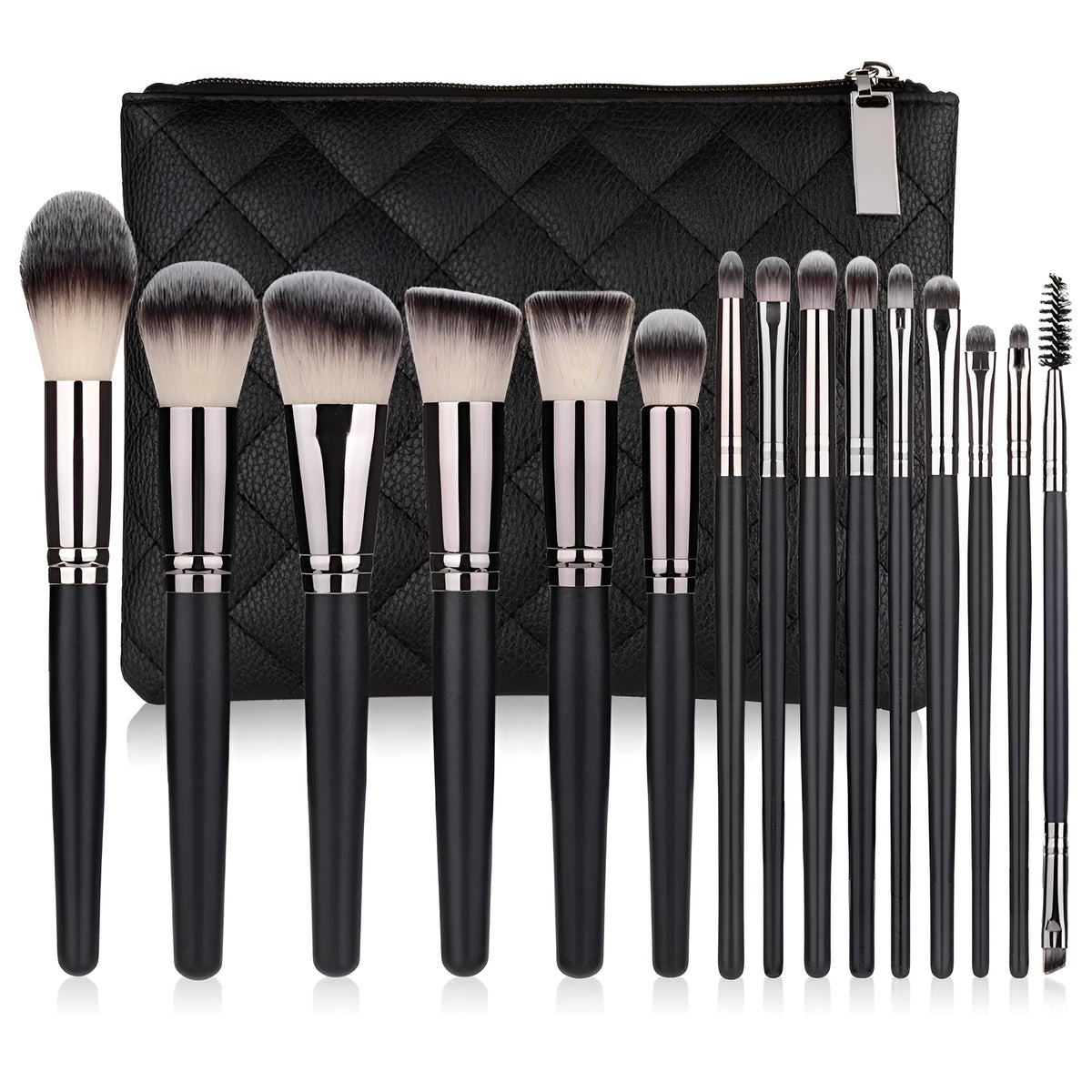 15 piece matte black makeup brush set with cosmetic bag, nylon wool bristles and wooden handles in 23cm, 19cm and 4cm lengths