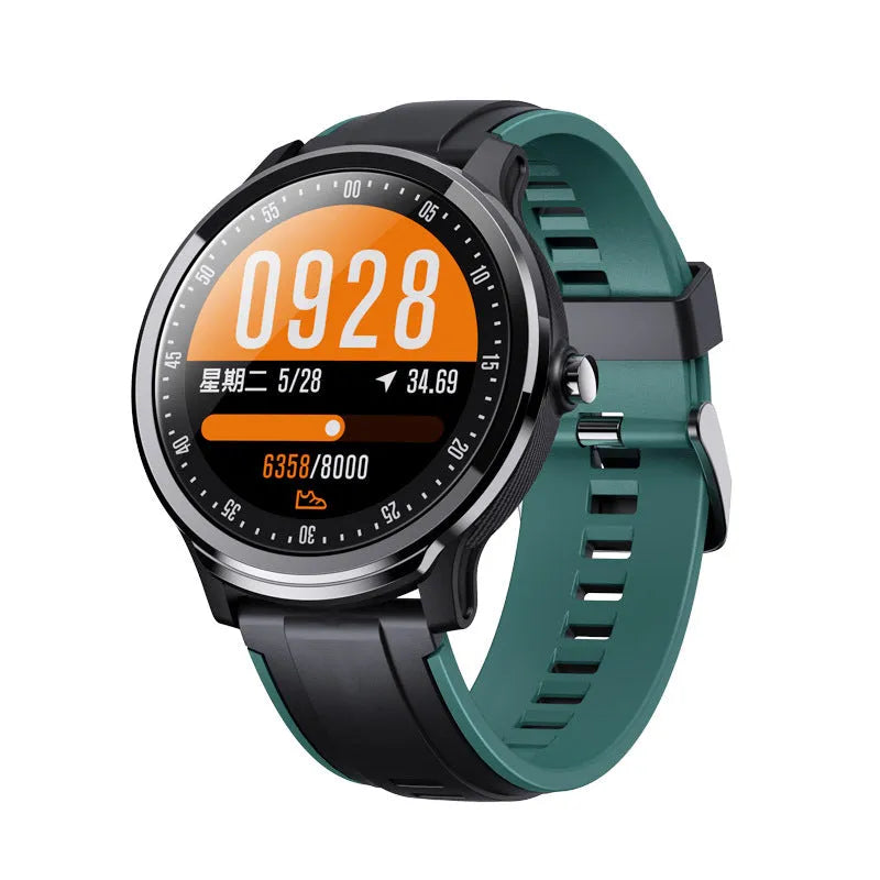 Waterproof smart watch with square 48.5mm case showing touch screen interface and available in green and orange colour options