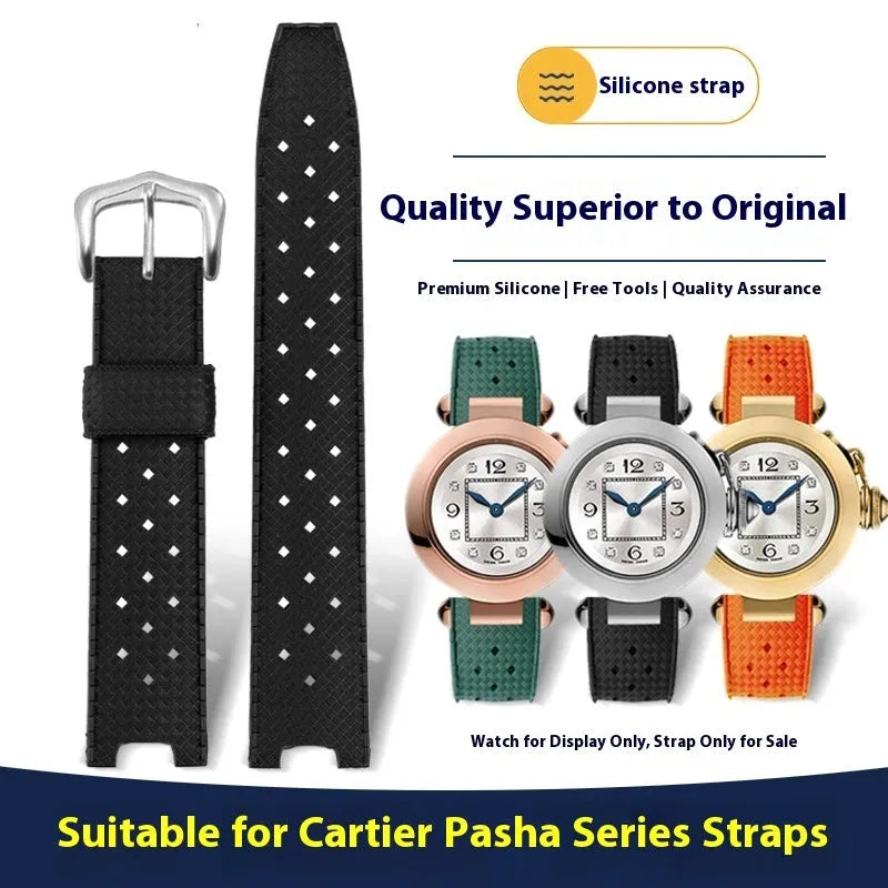 Silicone watch strap with notch and female port in black or blue, sizes 20.10mm, 20.12mm, 22.15mm