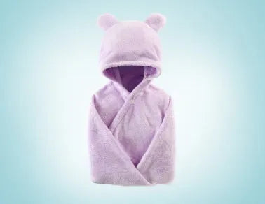 Soft cotton baby care hooded bath towel 65x110cm in pink with hood and border detail