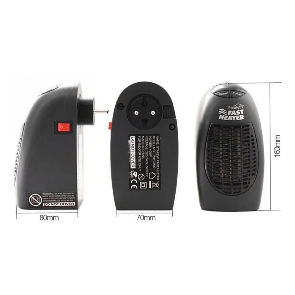 Small black ceramic electric heater with digital display and a rotating plug on a desk.