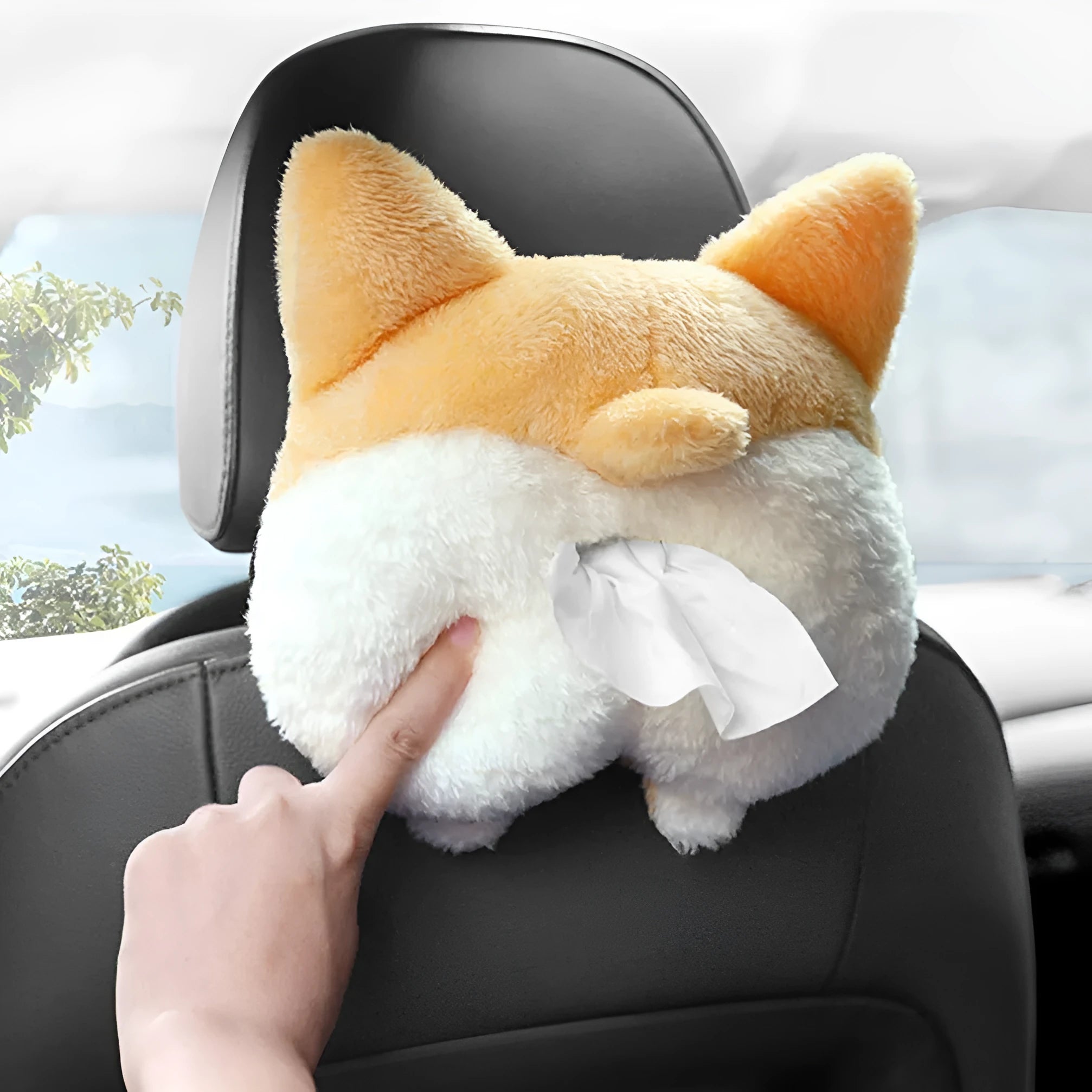 Yellow plush corgi butt-shaped tissue box cover with elastic strap for car sun visor
