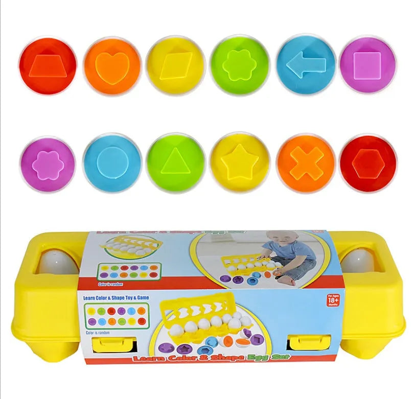 Children's educational twist egg toy set with 12 colourful dinosaur-themed plastic eggs in a drawstring bag