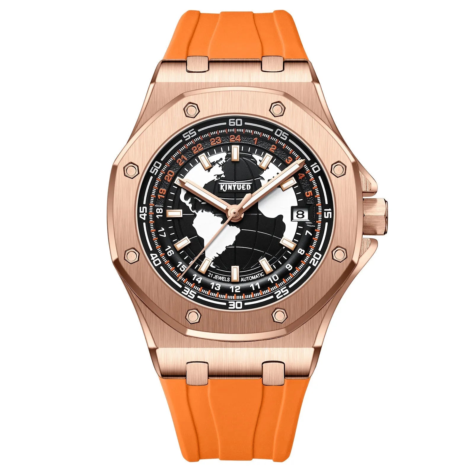 Automatic men's hollow mechanical watch with stainless steel strap and round alloy case on a white background